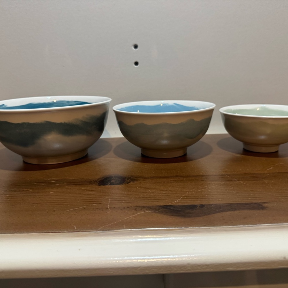 Hand-Glazed Ceramic Bowl Trio in Blue and Green